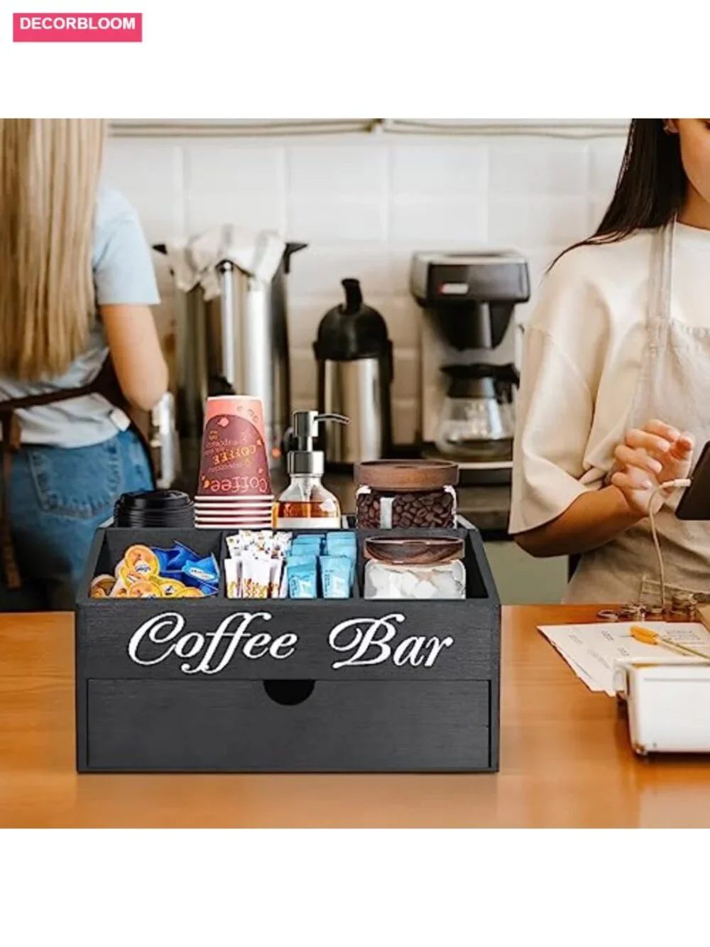 Wood Coffee Bar Organizer with Drawer, Countertop Storage, Farmhouse Tea